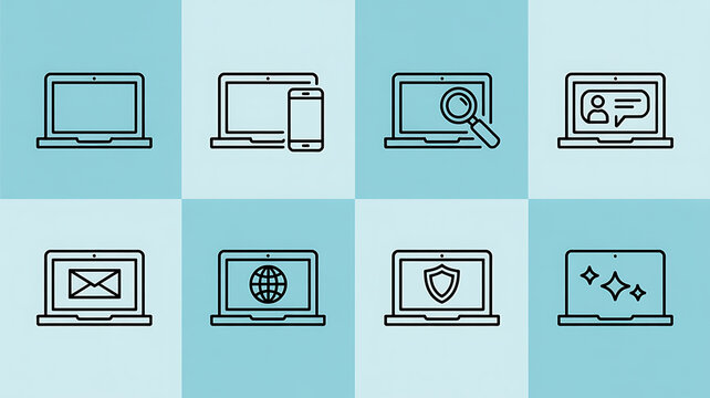 Set of eight light blue technology on white background collection laptop computer