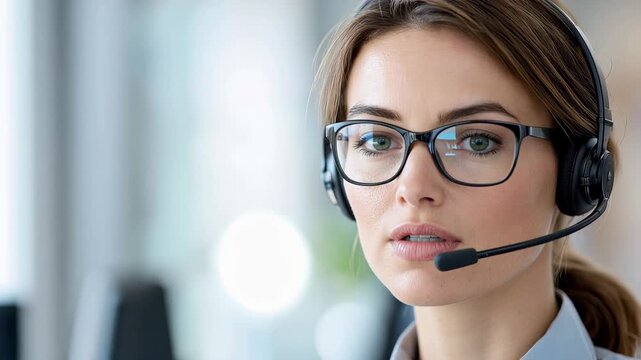 Focused Woman With Headset Eyeglass Call Center Portrait Office Support Agent