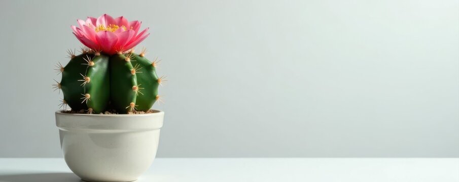 Mature cactus, full bloom, elegant pot, clean background ,  pot,  texture