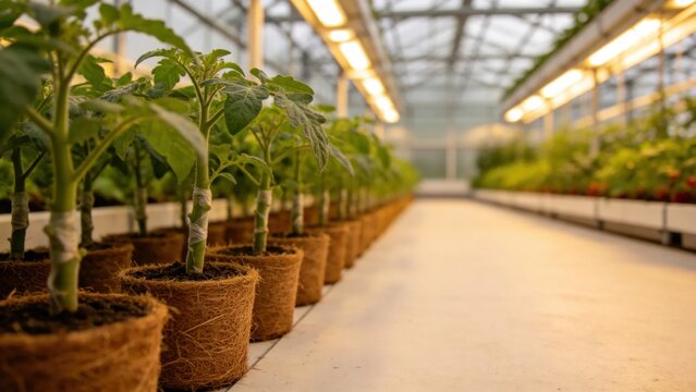 High-tech greenhouse with grafted vegetable plants in coco c