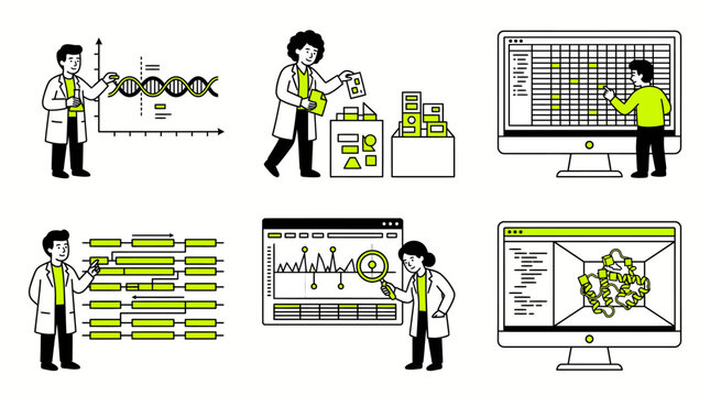 Scientific Research Illustration Featuring Researchers Dna And Data Visualization deoxyribonucleic acid genetic code helix double