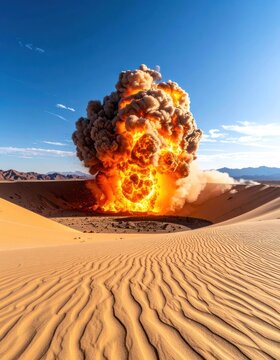 A massive explosion erupts in a vast desert landscape under a clear blue sky.