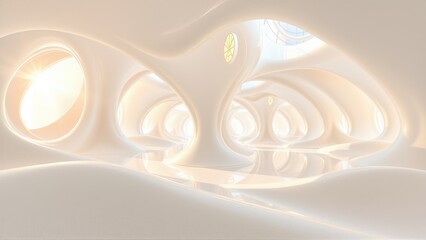Fototapeta premium Abstract fractal design. Soft beige tones create flowing shapes, resembling interior architecture. Light source illuminates curves, depth.