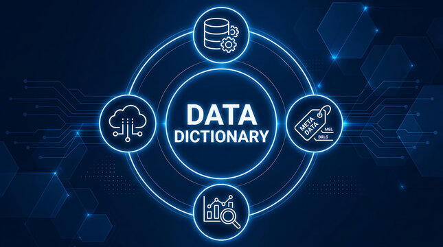 Data dictionary tech concept.A centralized repository defining data elements and their relationships.