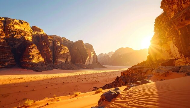 Golden sunset illuminates a vast desert landscape with towering sandstone formations and rippled sand dunes.