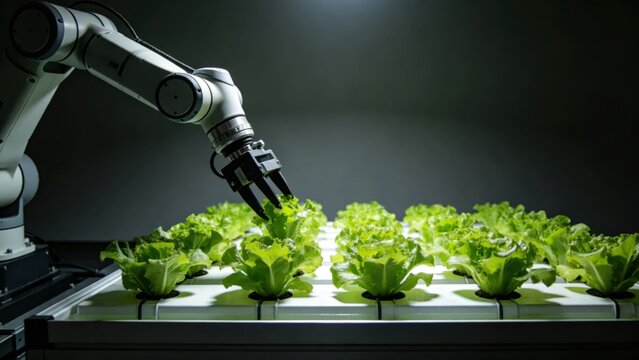 Industrial robot arm harvesting leafy greens from nutrient f