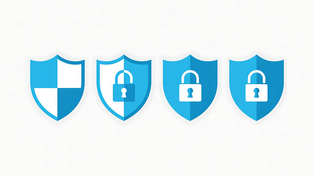 Four blue shield with security lock and quartered padlock protection