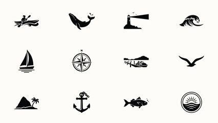 Black and white minimalist icons set with nautical themes bold silhouettes smooth outlines against neutral background each stylized evoke maritime adventure © Suranjana
