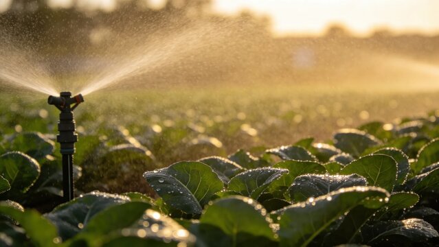 Sprinkler irrigation system operating at dawn with water dro