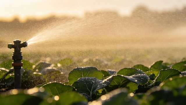 Sprinkler irrigation system operating at dawn with water dro