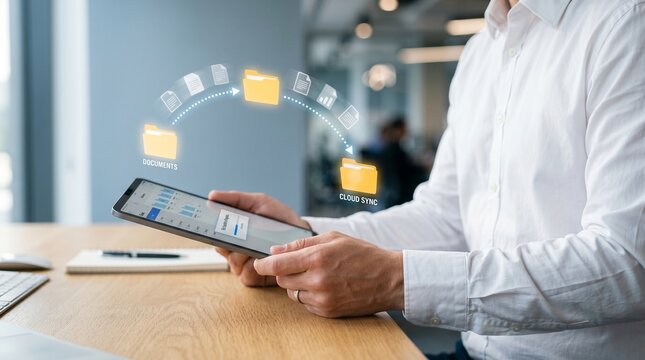 Digital File Management: A man in a white shirt holds a tablet, showcasing a virtual interface of folder organization and data flow, symbolizing efficient digital document handling and cloud storage.