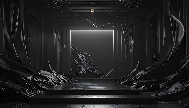 Futuristic dark stage with glowing square frame, abstract liquid splashes and flowing lines, dramatic presentation background