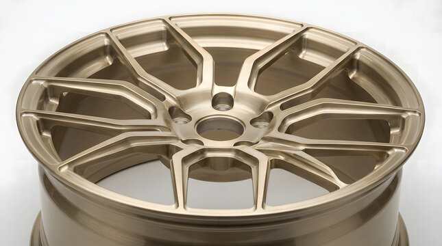 Close-up of a premium champagne gold forged aluminum car wheel rim isolated on white background