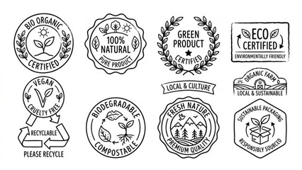 Obraz premium Eco Organic Product Label Collection – Natural Leaves, Bio Certified, Green Packaging Badge Vector Set