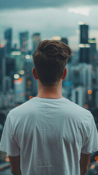 Young man in white t-shirt walking in the city.