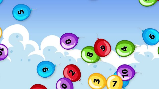 Colorful Numbered Balloons Floating Against a Blue Sky with Clouds