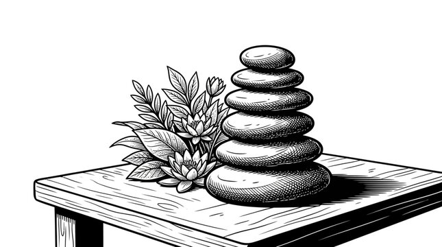 Zen stone stack with flowers on wooden table.