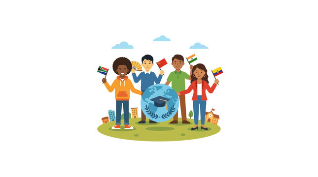 Diverse group holding flags united around globe illustration