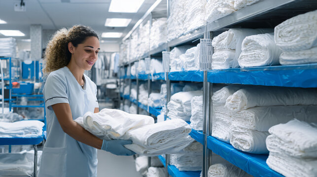 Healthcare support worker folding freshly cleaned white hospital linens inside a bright organized laundry facility, shelves of neatly stacked blankets and towels