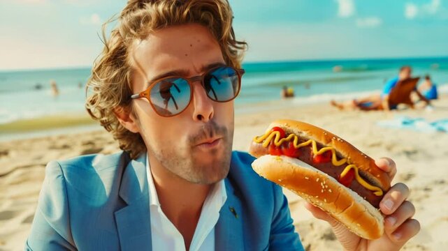 white man eating hot dog beach. sunny seaside closeup of young white businessman in blazer and sunglasses biting into loaded sausage and bun with mustard and ketchup, relaxed summer vibe,