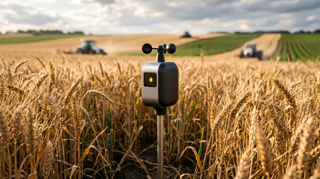 Smart weather station sensor device monitoring ripe wheat field