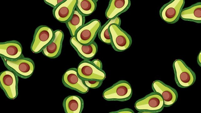 Animated Avocado Halves Falling Continuously Against a Solid Black Background