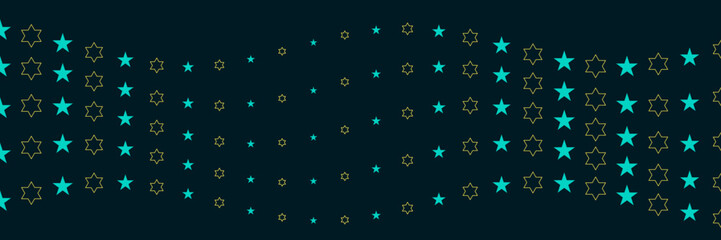 Abstract wave pattern of teal and golden outline stars flowing on dark background, representing digital constellation and algorithmic data visualiz... © Arina