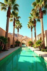 Fototapeta premium Towering palms shade a vibrant green pool in the desert's heart , bloom, desert