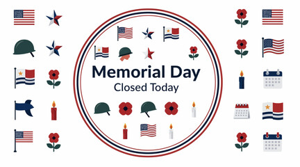 Fototapeta premium Memorial Day Closed Today: Red Poppies, Flags, Helmets, Stars, Candles