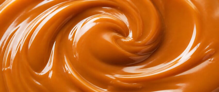 Close up swirling and smooth liquid caramel sauce texture