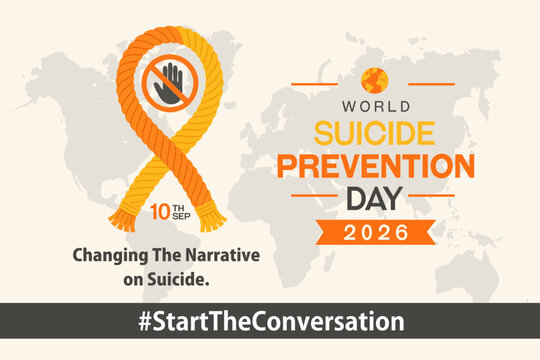 Flat vector illustration for World Suicide Prevention Day 2026 with orange and yellow rope awareness ribbon with the campaign message "Changing the Narrative on Suicide" and #StartTheConversation