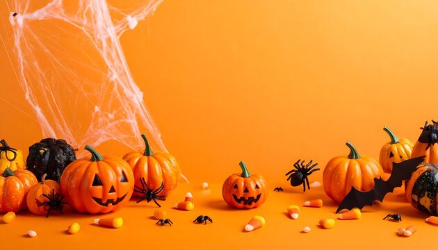 Halloween decorative pumpkins and spiders with spider web on orange background, spooky holiday celebration elements and candy corn border