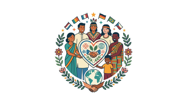 Diverse Group United Around Earth with International Flags and Heart Symbol