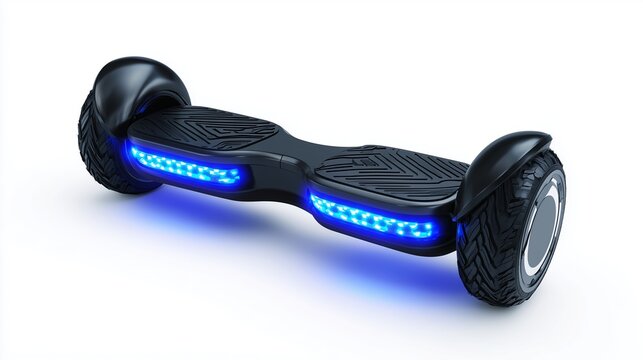 Black hoverboard with blue lights isolated on white, self-balancing scooter