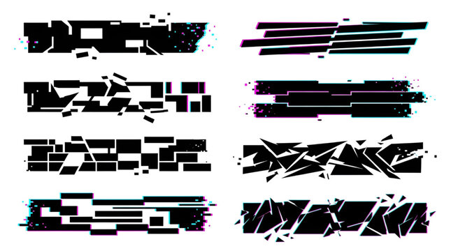 Set of black glitch effect distorted rectangular banner shapes for modern digital design and tech graphics