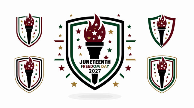 Juneteenth Freedom Day 2027 shield logo with torch and stars