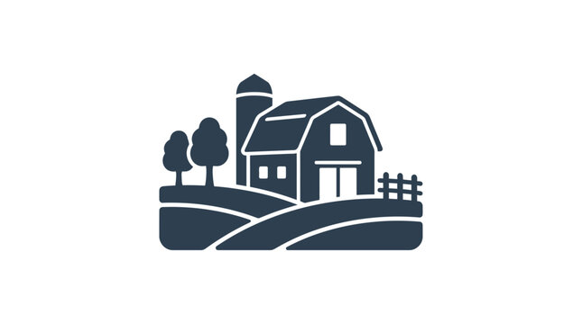 A minimalist dark blue icon depicting a rustic farm scene with a barn and silo.