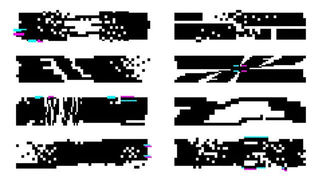 Set of abstract black glitch effect banners with digital distortion and pixel noise texture elements