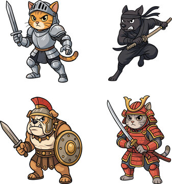 Cute Warrior Animals Character Vector Set Featuring Cat Knight in Full Armor, Black Ninja Cat, Bulldog Roman Gladiator, and Samurai Kitten holding Katana Sword