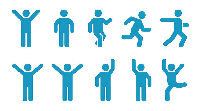 Ten blue stick figures in various poses on a white background human person symbol silhouette desi