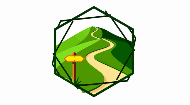 Path direction sign on green hill, abstract frame, adventure concept
