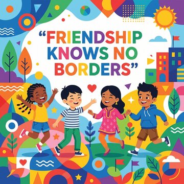 Friendship Knows No Borders International Day of Friendship illustration with happy multicultural children celebrating diversity, inclusion, equality, peace and global unity in colorful modern flat ve