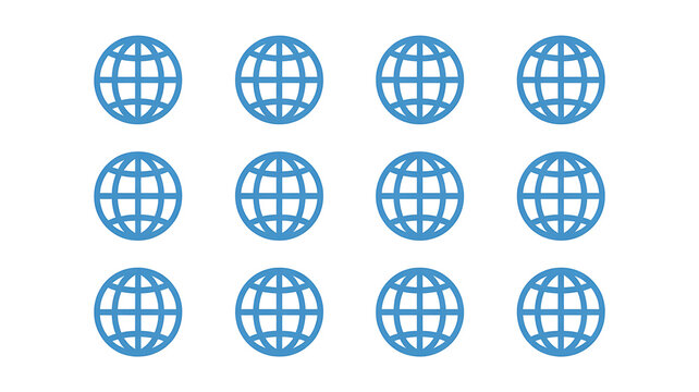 Twelve identical blue globe arranged in a grid on a white background earth planet symbol