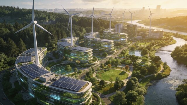 Futuristic Eco Friendly Smart City with Wind Turbines and Solar Power