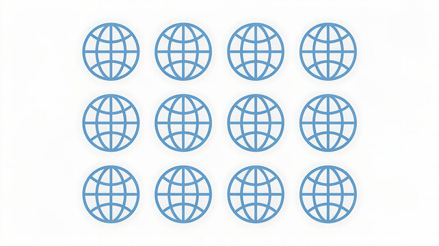 Twelve identical blue globe arranged in a grid on a white background earth planet symbol