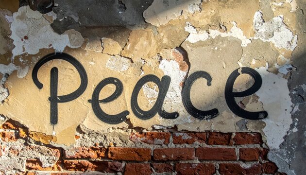 Graffiti 'Peace' message on a weathered, crumbling wall with exposed brickwork.
