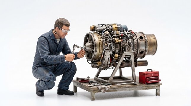 Miniature Mechanic Engineer Figurine Inspecting and Repairing Complex Jet Turbine Engine