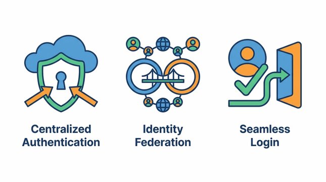Identity and Access Management Icons Set with Centralized Authentication Identity Federation and Seamless Login