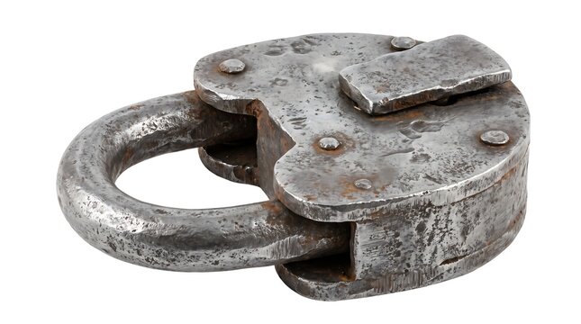 A weathered old metal padlock submerged in oil with visible rust and wear