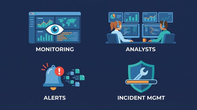 SOC Cybersecurity Operations Icon Pack with Security Monitoring Analysts Alerts and Incident Management